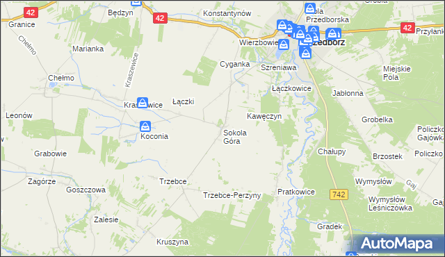 mapa Sokola Góra gmina Wielgomłyny, Sokola Góra gmina Wielgomłyny na mapie Targeo