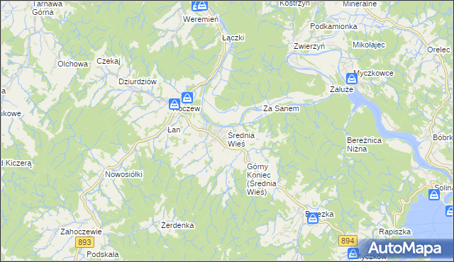 mapa Średnia Wieś gmina Lesko, Średnia Wieś gmina Lesko na mapie Targeo