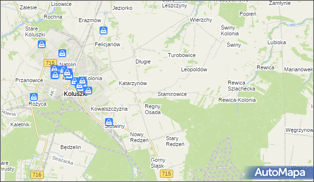mapa Stamirowice gmina Koluszki, Stamirowice gmina Koluszki na mapie Targeo