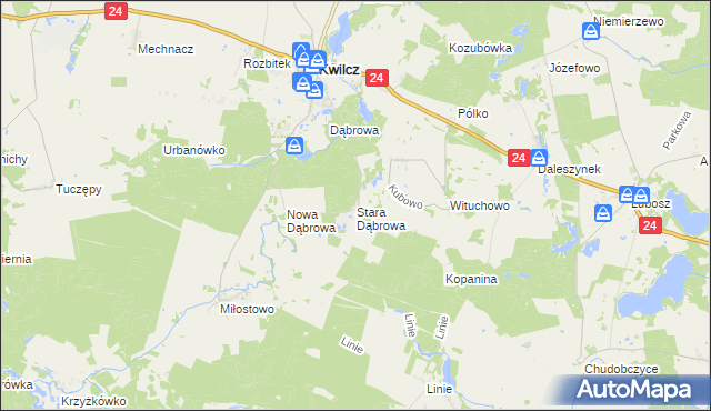 mapa Stara Dąbrowa gmina Kwilcz, Stara Dąbrowa gmina Kwilcz na mapie Targeo