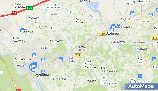 mapa Stare Budy gmina Jaktorów, Stare Budy gmina Jaktorów na mapie Targeo