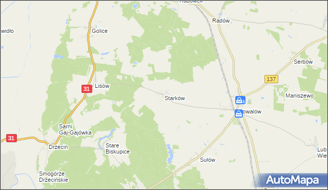 mapa Starków gmina Rzepin, Starków gmina Rzepin na mapie Targeo