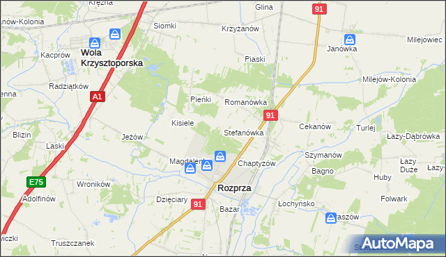 mapa Stefanówka gmina Rozprza, Stefanówka gmina Rozprza na mapie Targeo