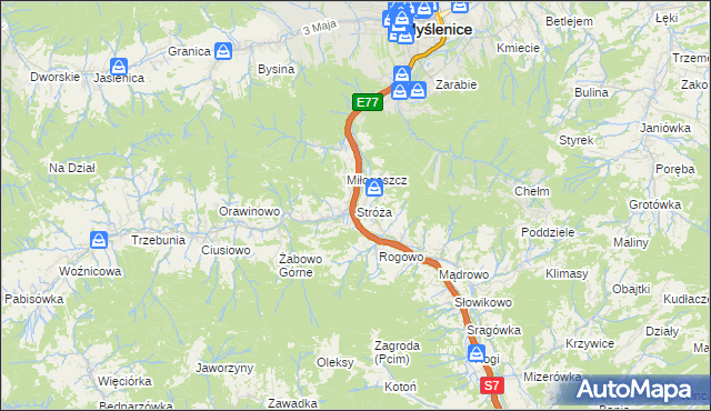 mapa Stróża gmina Pcim, Stróża gmina Pcim na mapie Targeo