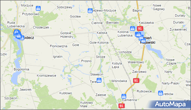 mapa Stróże gmina Lubień Kujawski, Stróże gmina Lubień Kujawski na mapie Targeo