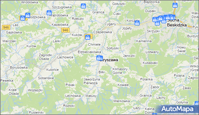 mapa Stryszawa, Stryszawa na mapie Targeo
