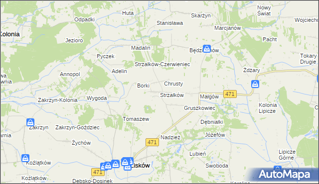 mapa Strzałków gmina Lisków, Strzałków gmina Lisków na mapie Targeo