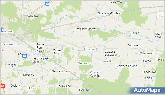 mapa Strzyżew gmina Łuków, Strzyżew gmina Łuków na mapie Targeo