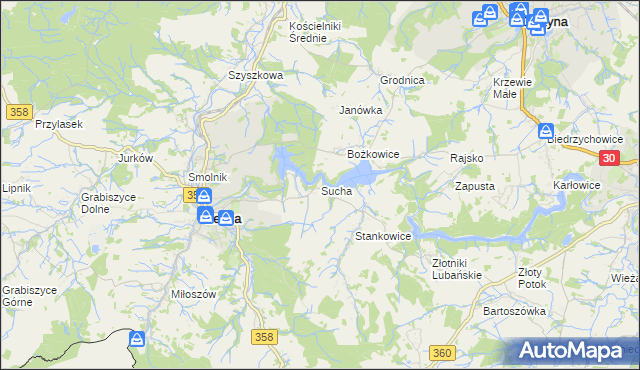 mapa Sucha gmina Leśna, Sucha gmina Leśna na mapie Targeo