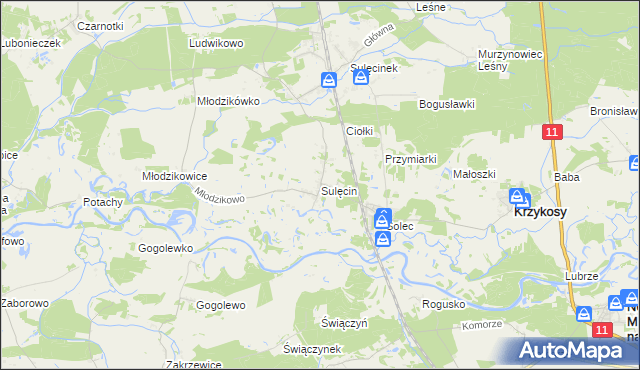 mapa Sulęcin gmina Krzykosy, Sulęcin gmina Krzykosy na mapie Targeo