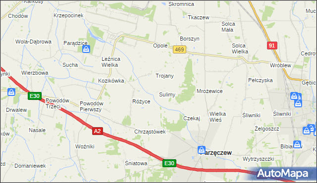 mapa Sulimy gmina Parzęczew, Sulimy gmina Parzęczew na mapie Targeo