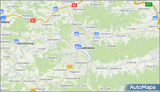 mapa Sułkowice powiat myślenicki, Sułkowice powiat myślenicki na mapie Targeo