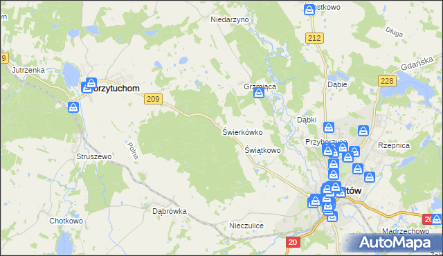 mapa Świerkówko gmina Bytów, Świerkówko gmina Bytów na mapie Targeo