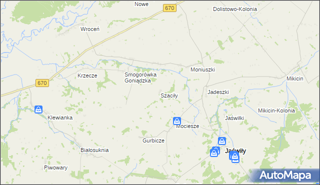 mapa Szaciły gmina Jaświły, Szaciły gmina Jaświły na mapie Targeo