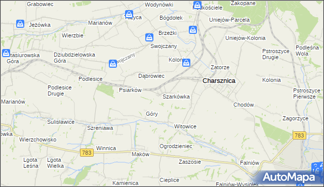 mapa Szarkówka gmina Charsznica, Szarkówka gmina Charsznica na mapie Targeo