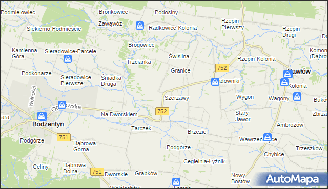 mapa Szerzawy gmina Pawłów, Szerzawy gmina Pawłów na mapie Targeo