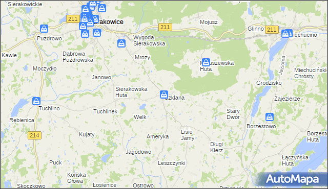 mapa Szklana gmina Sierakowice, Szklana gmina Sierakowice na mapie Targeo