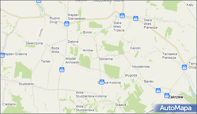 mapa Szklarnia gmina Zakrzew, Szklarnia gmina Zakrzew na mapie Targeo