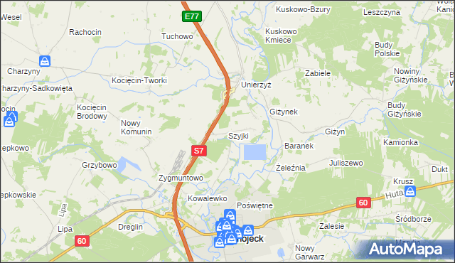 mapa Szyjki gmina Glinojeck, Szyjki gmina Glinojeck na mapie Targeo