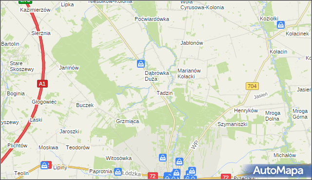 mapa Tadzin gmina Brzeziny, Tadzin gmina Brzeziny na mapie Targeo
