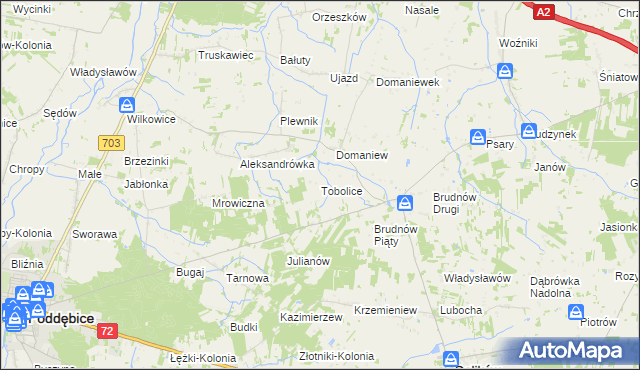 mapa Tobolice gmina Dalików, Tobolice gmina Dalików na mapie Targeo