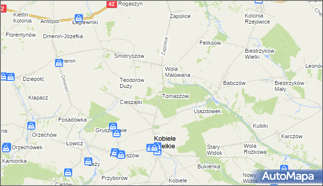mapa Tomaszów gmina Kobiele Wielkie, Tomaszów gmina Kobiele Wielkie na mapie Targeo