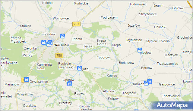 mapa Toporów gmina Iwaniska, Toporów gmina Iwaniska na mapie Targeo