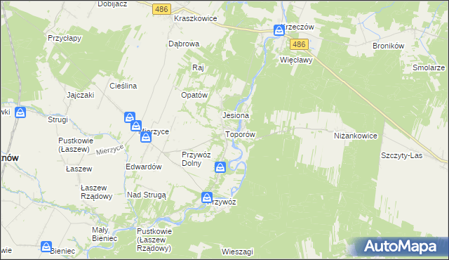 mapa Toporów gmina Wierzchlas, Toporów gmina Wierzchlas na mapie Targeo