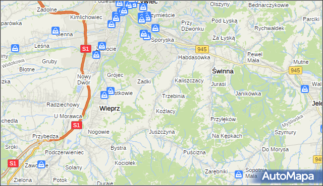 mapa Trzebinia gmina Świnna, Trzebinia gmina Świnna na mapie Targeo