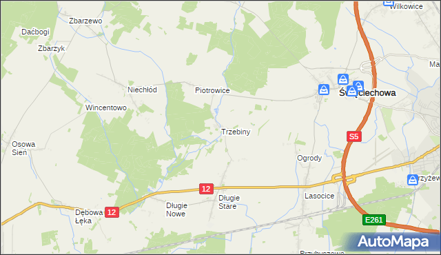 mapa Trzebiny gmina Święciechowa, Trzebiny gmina Święciechowa na mapie Targeo