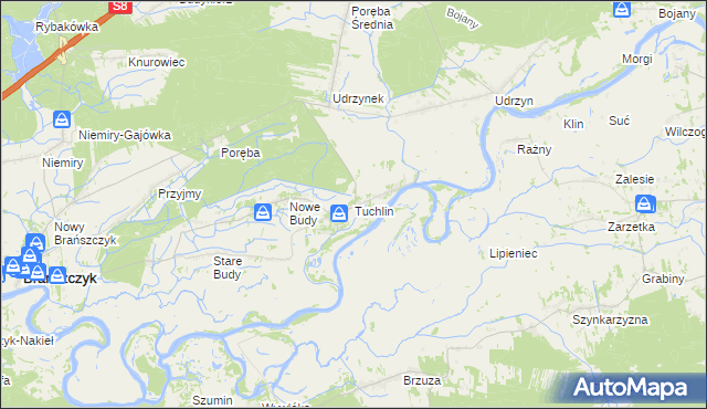 mapa Tuchlin gmina Brańszczyk, Tuchlin gmina Brańszczyk na mapie Targeo