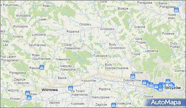 mapa Tułkowice gmina Wiśniowa, Tułkowice gmina Wiśniowa na mapie Targeo