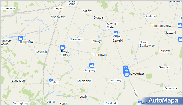 mapa Turobowice gmina Sadkowice, Turobowice gmina Sadkowice na mapie Targeo