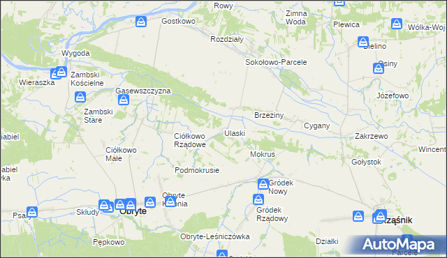 mapa Ulaski gmina Obryte, Ulaski gmina Obryte na mapie Targeo