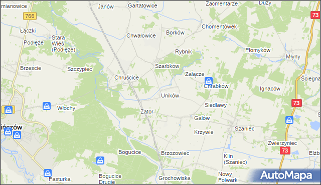 mapa Uników gmina Pińczów, Uników gmina Pińczów na mapie Targeo