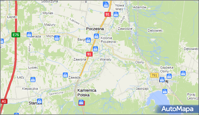 mapa Wanaty gmina Kamienica Polska, Wanaty gmina Kamienica Polska na mapie Targeo