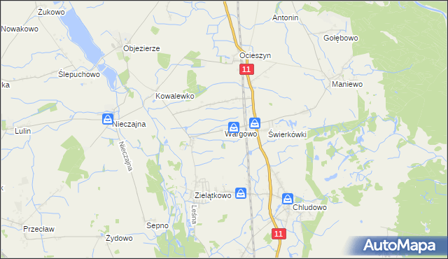 mapa Wargowo gmina Oborniki, Wargowo gmina Oborniki na mapie Targeo