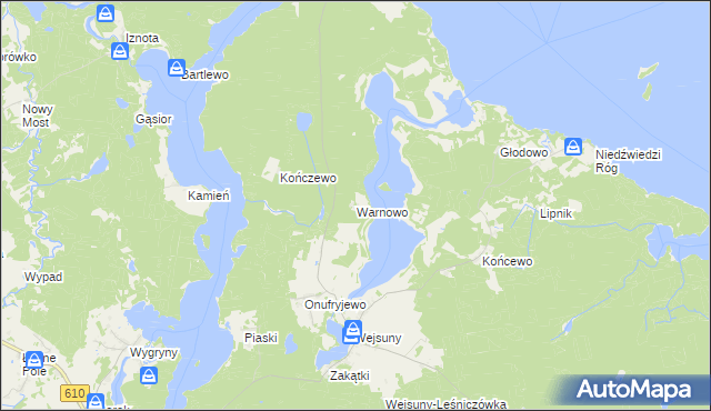 mapa Warnowo gmina Ruciane-Nida, Warnowo gmina Ruciane-Nida na mapie Targeo