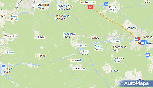 mapa Wąsosz gmina Końskie, Wąsosz gmina Końskie na mapie Targeo