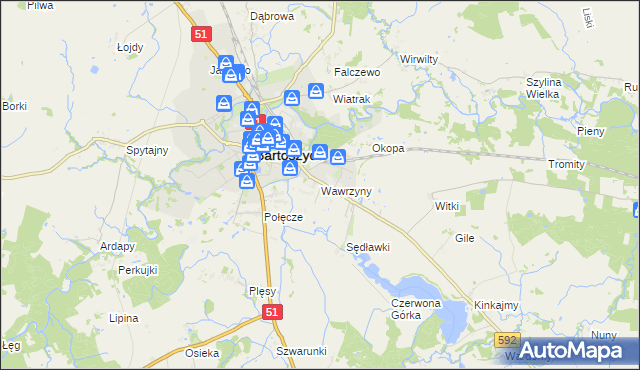 mapa Wawrzyny gmina Bartoszyce, Wawrzyny gmina Bartoszyce na mapie Targeo