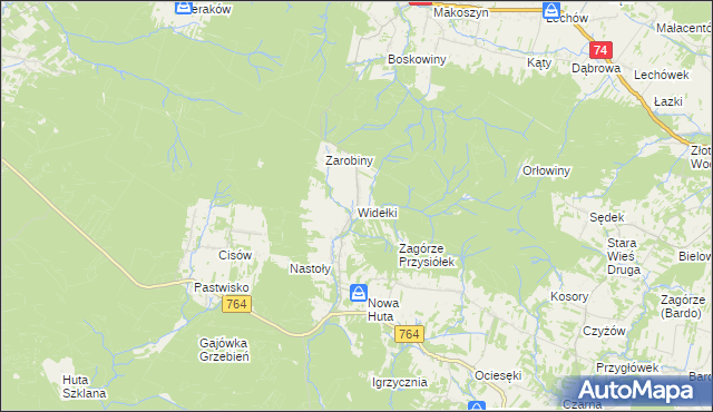 mapa Widełki gmina Daleszyce, Widełki gmina Daleszyce na mapie Targeo