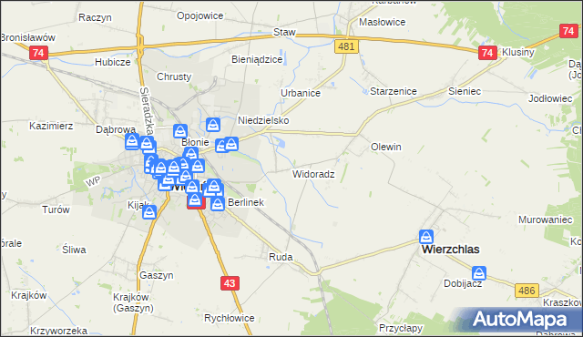 mapa Widoradz, Widoradz na mapie Targeo