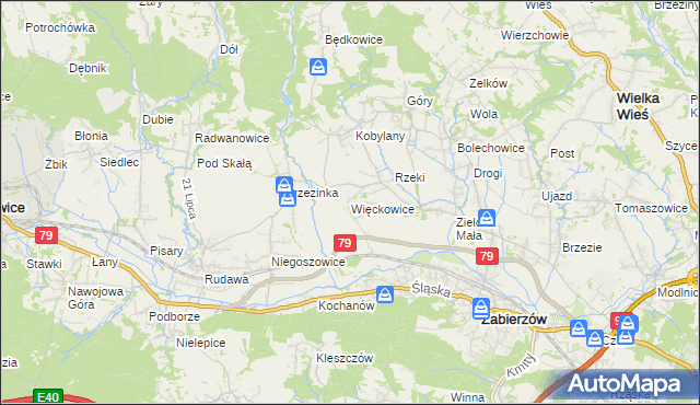 mapa Więckowice gmina Zabierzów, Więckowice gmina Zabierzów na mapie Targeo