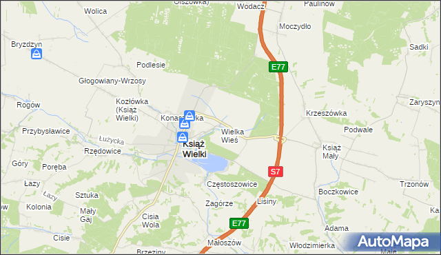 mapa Wielka Wieś gmina Książ Wielki, Wielka Wieś gmina Książ Wielki na mapie Targeo