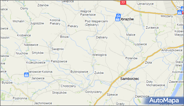 mapa Wielogóra gmina Samborzec, Wielogóra gmina Samborzec na mapie Targeo