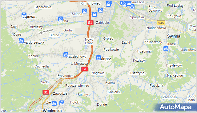 mapa Wieprz gmina Radziechowy-Wieprz, Wieprz gmina Radziechowy-Wieprz na mapie Targeo