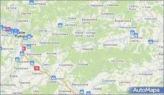 mapa Wieprzec gmina Maków Podhalański, Wieprzec gmina Maków Podhalański na mapie Targeo