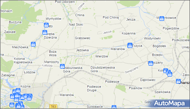 mapa Wierzbie gmina Charsznica, Wierzbie gmina Charsznica na mapie Targeo