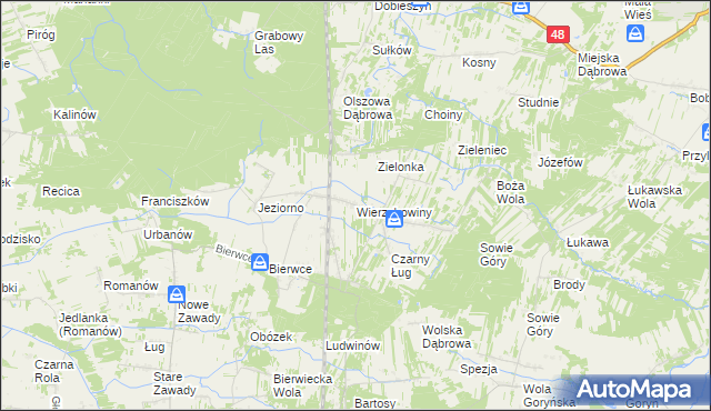 mapa Wierzchowiny gmina Jedlińsk, Wierzchowiny gmina Jedlińsk na mapie Targeo