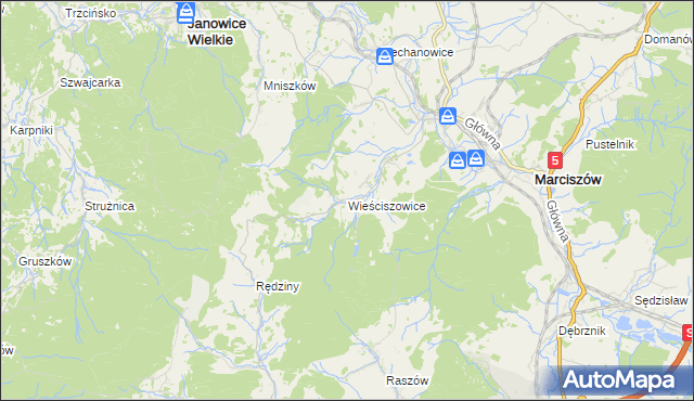 mapa Wieściszowice, Wieściszowice na mapie Targeo